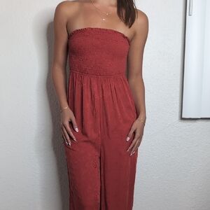 Chic Strapless Jumpsuit in Rust